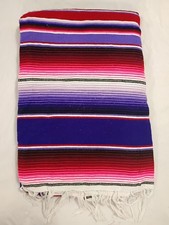 Vintage Acrylic Mexican Blanket Striped Pink/Purple Serape Baja Saltillo 48 x77"