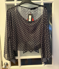 Image of EGO Polka Dot Mesh Sheer Cropped Top Black White Long Sleeve Scoop Neck 12