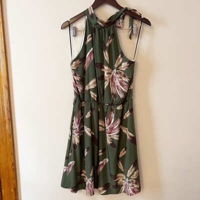Francesca s Needle & Thread Green Feather Print Dress Halter Tie Neck NEW Large