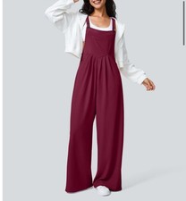 NWT Halara Women's Wide Leg Waffle Overalls L Large Anemone Hip Pockets