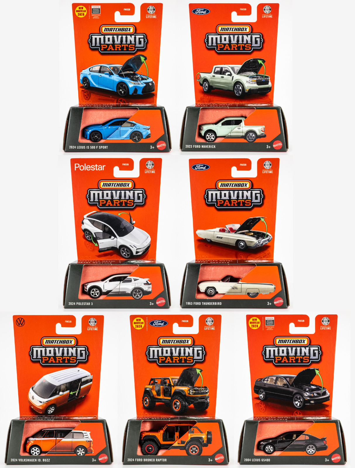 2026 Matchbox Moving Parts Mix 2 | 7-Car Set | Lexus | Ford | VW