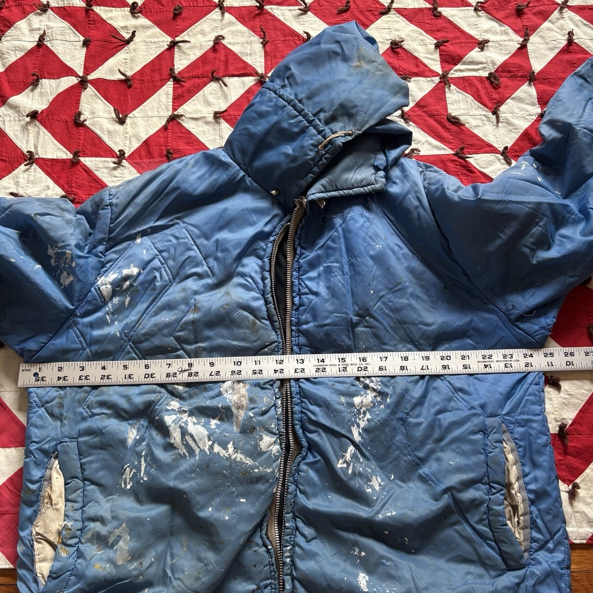Vintage 1970s Blue Nylon Hooded Jacket Mens As Is Worn Flaws