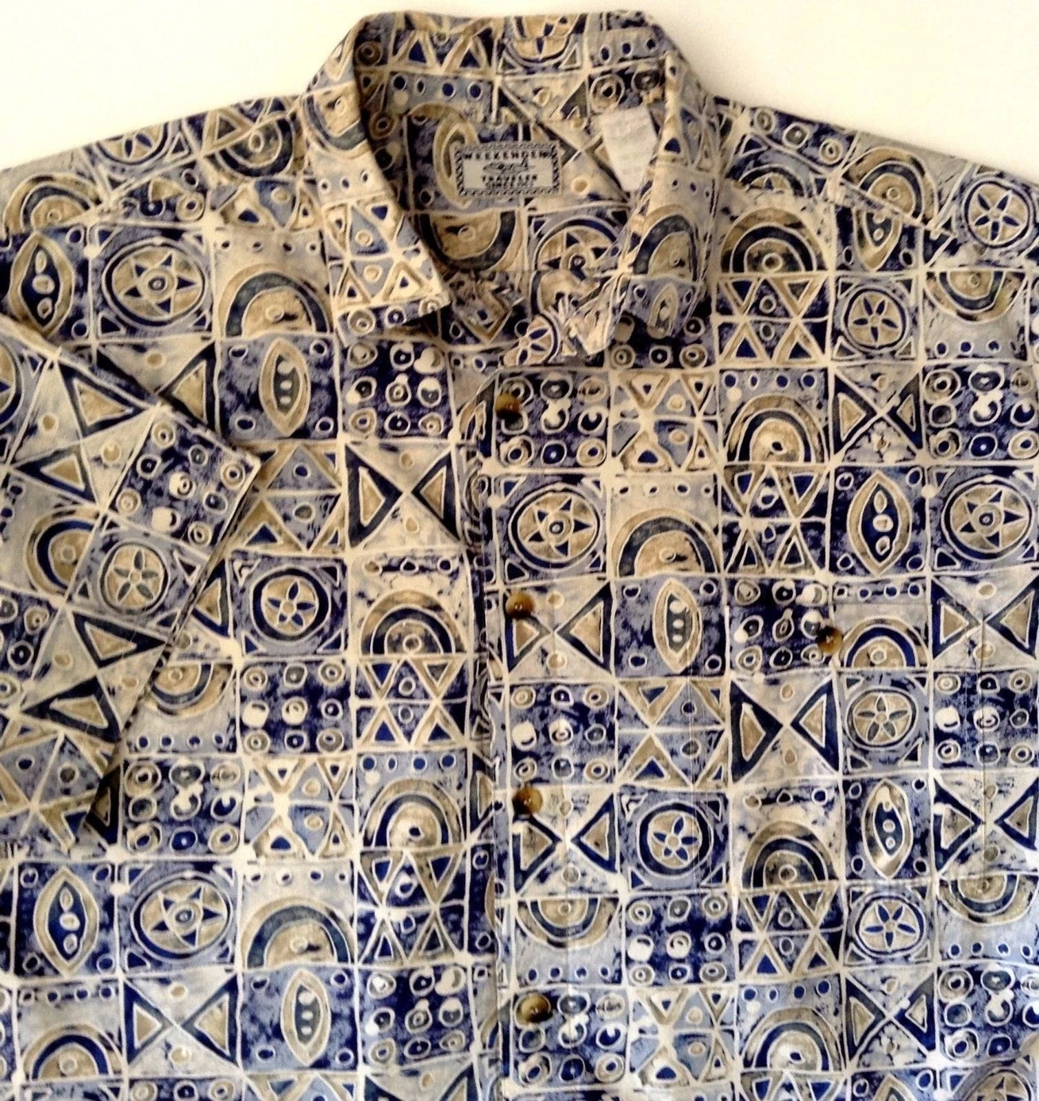 Weekender Men's Shirt Large Hawaiian Aloha Tapa Print Cruise Resort Made in USA
