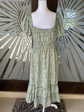 Green Brown Floral Poly High Waist Smocked Puff Sleeve Boho Midi Dress L/XL
