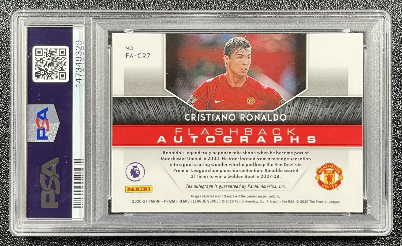 CRISTIANO RONALDO PSA 9 2020-21 PANINI PRIZM P/L #FA-CR7 FLASHBACK AUTO 9329 view 2