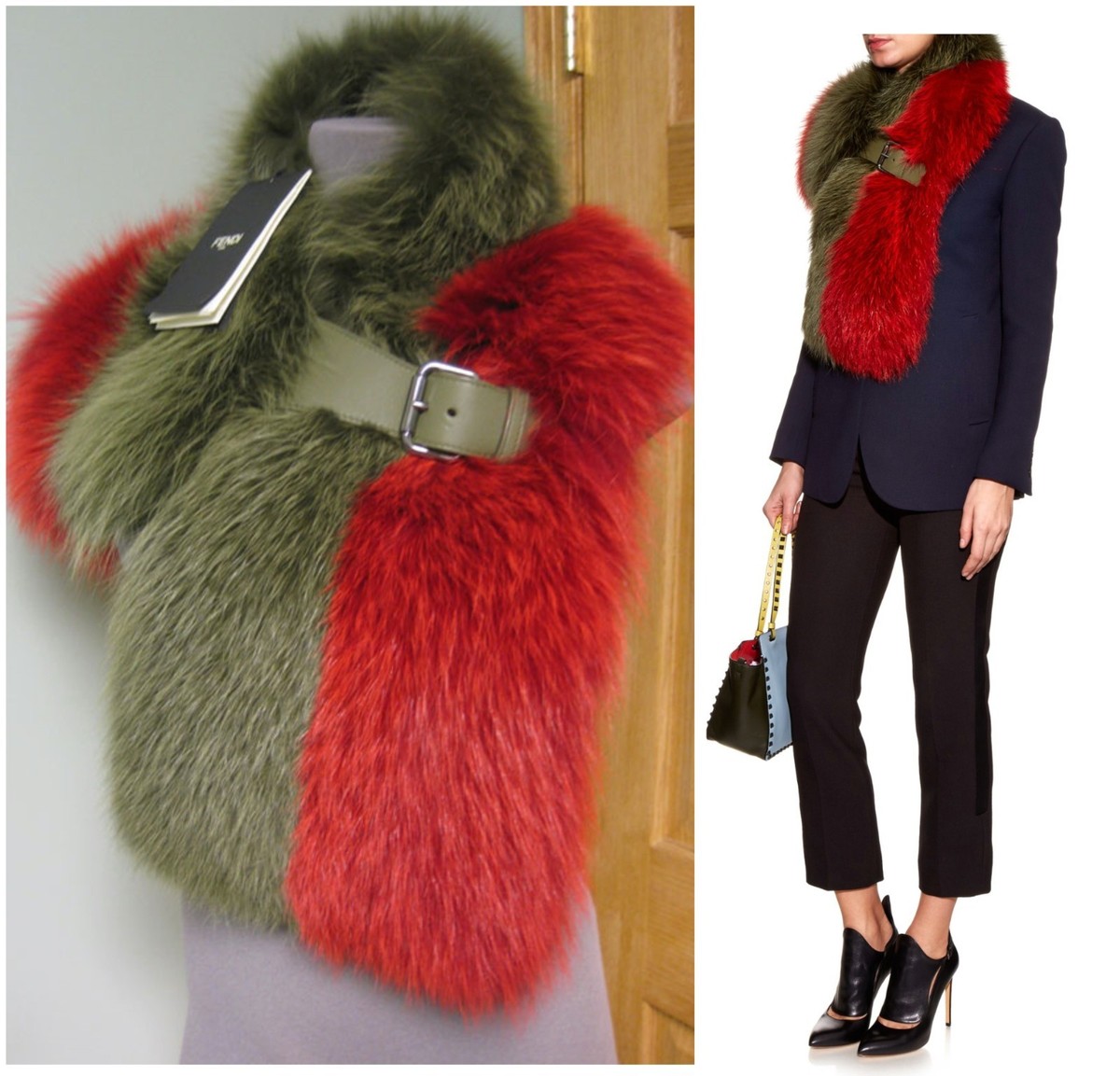 $2900 Fendi AUTH NEW Bold Bi-Color Dyed Fox Fur Leather Buckle