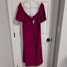 New GAP Puff Sleeve Midi Dress Size XXL Red Smocked Ruched-Tie Neckline Coquette
