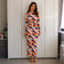 Boohoo Abstract Plisse Cut Out Midaxi Dress Orange Purple UK 12 BNWT