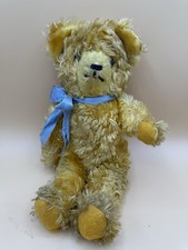 Vintage Jointed Teddy Bear Golden Plush Blue Ribbon Stuffed Animal 13  Toy