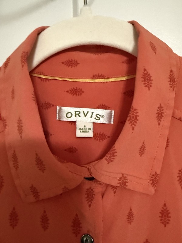 Orvis Women's Orange Geometric Long Sleeve Collared Button-Up Blouse Sz S