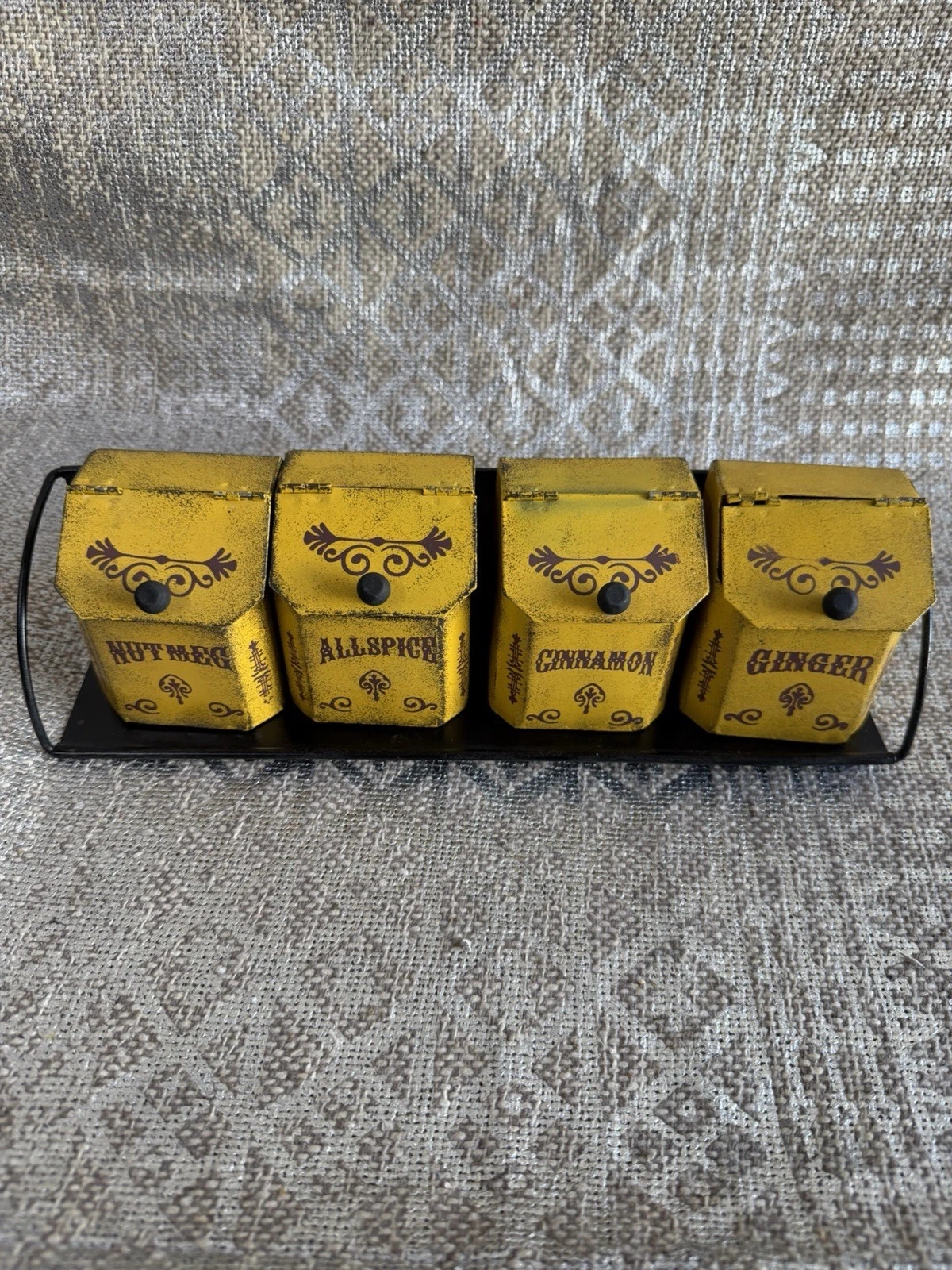 Metal Spice Containers 4 pc Yellow Brown Distressed VTG Farmhouse With Stand