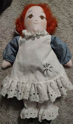 Vtg Doll Red Head Blue Floral Dress Apron Plush Cottage Granny Core
