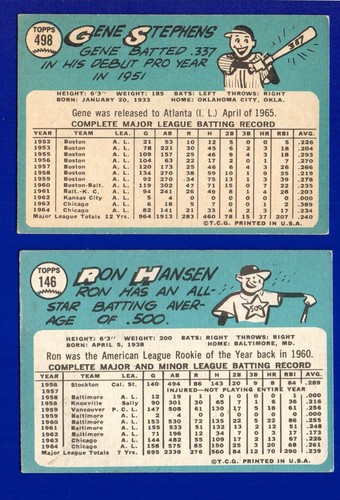 2 WHITE SOX LOT 1965 TOPPS #498 GENE STEPHENS #146 RON HANSEN VGEX NO CREASES - Picture 2 of 2