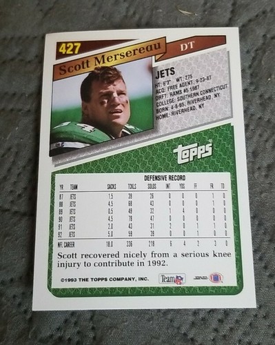 1993 Topps Gold New York Jets Football Card #427 Scott Mersereau - Picture 2 of 2