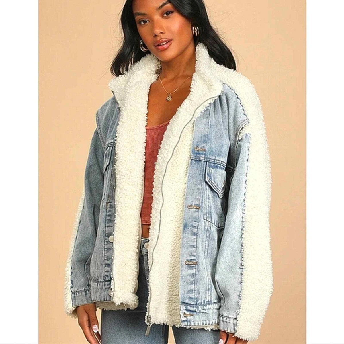 NWT$105 Blank NYC Bear Hug Light Wash Denim Shearling Trucker Jacket Sz  Medium | eBay