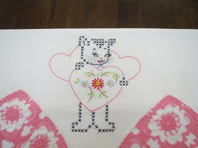 Pair/VTG Pillowcases w/New Hand Embr ''Kitty Cat Holding Heart''/Big Crochet Front