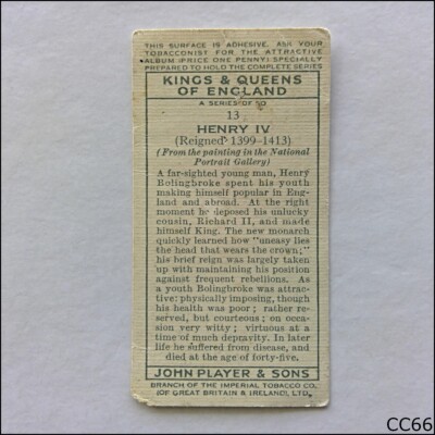 john player cigarette cards value John Player Kings & Queens Of England 1935 Cigarette Card #13 Henry IV  (CC66)