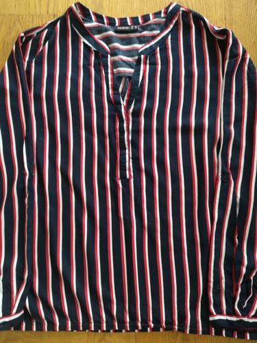 damen bluse gr. 48 gestreift mehrfarbig rundhals-ausschnitt mit V