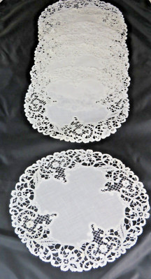 Antique Vintage 7 pc Table Placemat Set Linen Handmade Bobbin Lace Edging Cream