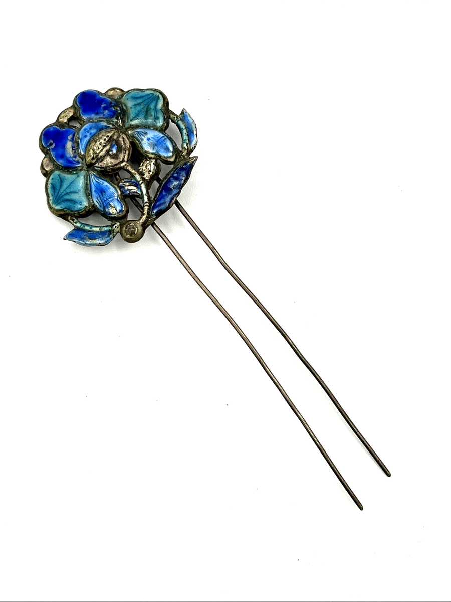 Antique Chinese Silver Enamel Floral Hair Pin Ornament 5 display picture 2