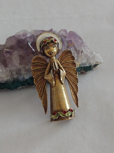 ART Angel Holiday Holly Cherub Christmas Vtg Figural Pin Brooch Goldtone 1960s - Picture 9 of 9