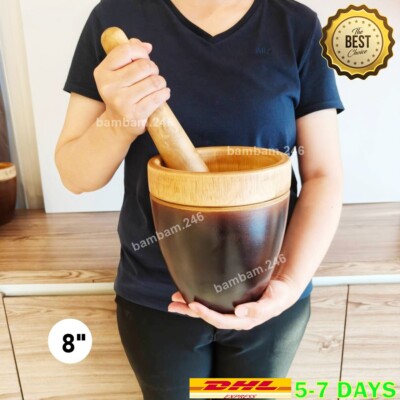 8'' Wooden Mortar & Pestle Thai Kitchen Cooking Tool Papaya Salad Som Tum Nam Pri