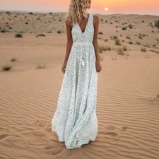 Summer Women Sleeveless Polka Dots Boho Maxi Dress Cocktail Party Beach Sundress