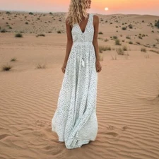 Summer Women Sleeveless Polka Dots Boho Maxi Dress Cocktail Party Beach Sundress