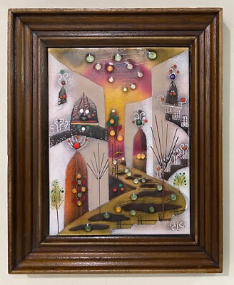 Vtg Israeli Artist Agi Vardi Enameled Copper Framed Art Street Scene City Scape 