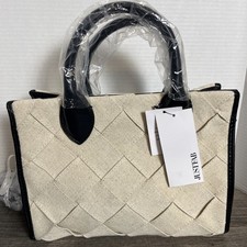 Just Fab Woven Canvas Purse Beige & Black Tote Convertible Crossbody Bag NWT