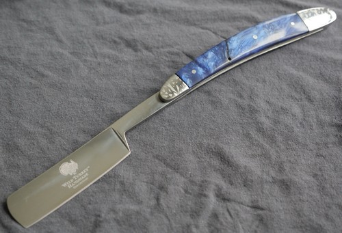 Maquinilla de afeitar recta OG vintage acabado cromado mango azul profundo peluquero afilado - Imagen 3 de 4