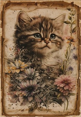   KARTE_10 x 14,5 cm_KATZE_Blumen_Vintage_POSTKARTE_Kätzchen_CAT_Card_Rosen''''