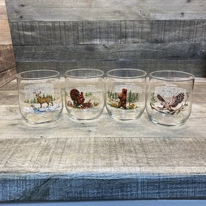 Set of 4 VTG American Wildlife Sunoco LowBall Glasses - Deer Turkey Bear Owl