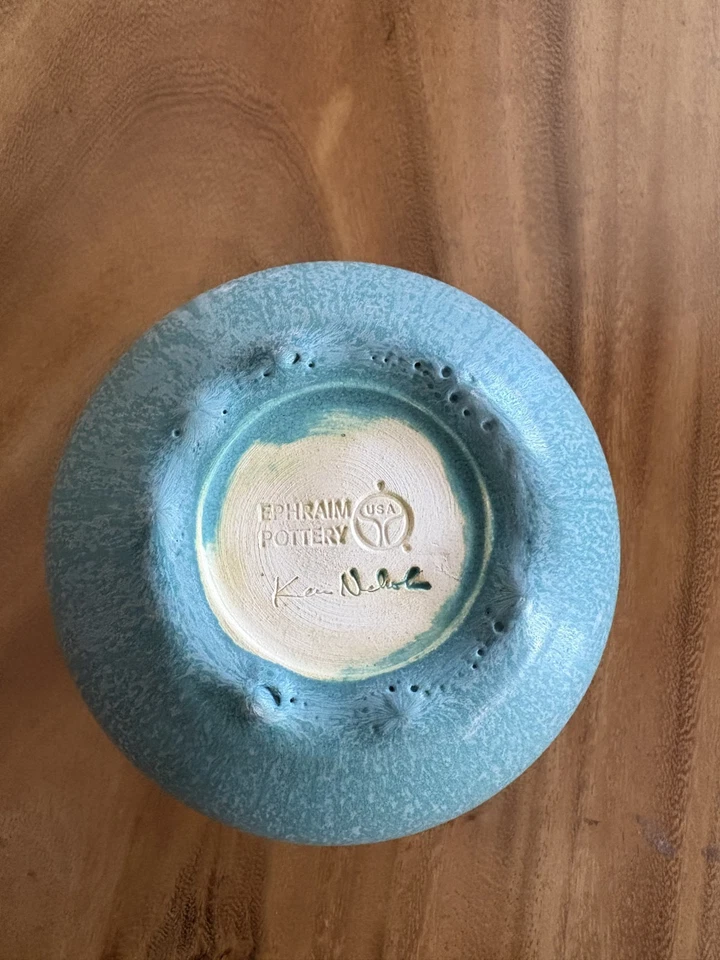 Ephraim Faience 2004 Hand Made Pottery Turquoise Ceramic Vase Signed - Image 3 of 3