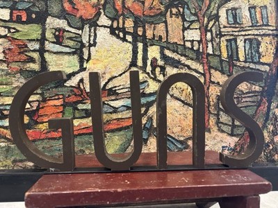 1930s Painted Wood GUNS Letter Sign Iron Bar Folk Art Trade Advertising 18 