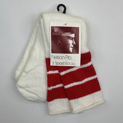 VTG Youth Socks 80s Nelson Tube Red Striped Over Calf 6-8 NOS Orlon Acrylic USA. - Photo 1/4