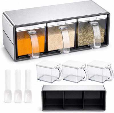 3 Grids Seasoning Organizer Box, Stainless Steel Salt Container with Lid and Spo