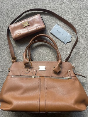 🤎MODALU ENGLAND TAN BROWN LEATHER HANDBAG PURSE GOLD ZIPS TOP HANDLE  STRAP🤎 UK