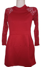 Women's Red Lace Long Sleeve High Neck A-Line Dress Size XL W006