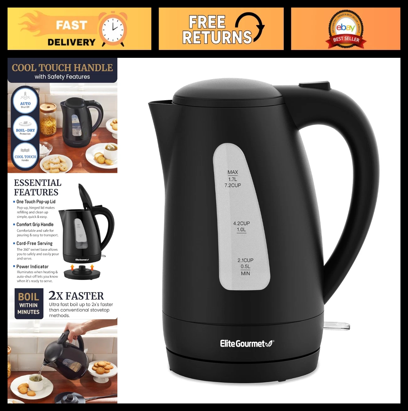 1.7L Electric Tea Kettle 1500W Fast Boil Hot Water Heater BPA-Free Auto Shut-Off