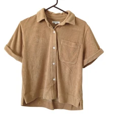 Alex Mill Womens Top Benny Shirt Golden Flax Terry Cloth Button Up Small Retro