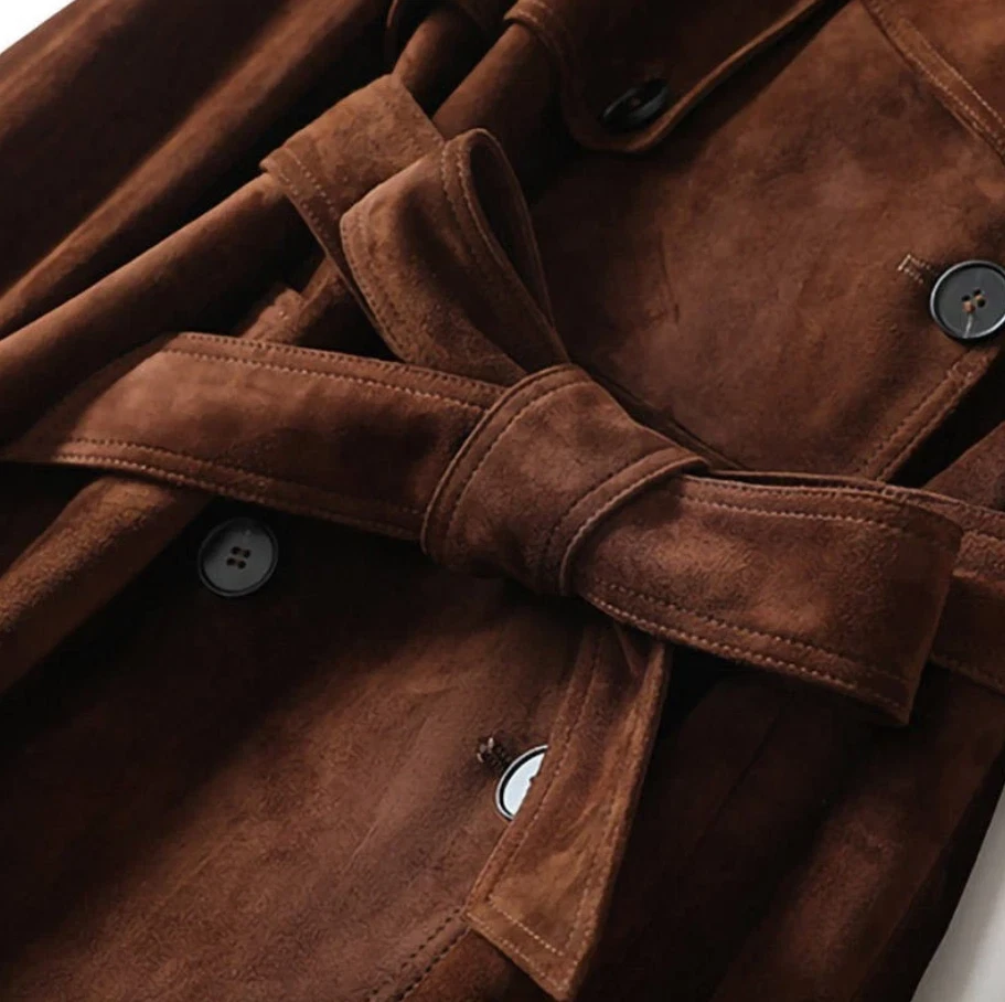 Gabardina larga de gamuza real de cuero marrón para mujer ropa exterior genuina hecha a mano Foto 3 de 4