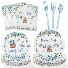 Boy Baby Shower Decorations Plates Set 25 Guests, 100 Pcs Blue It's a Boy Swe...