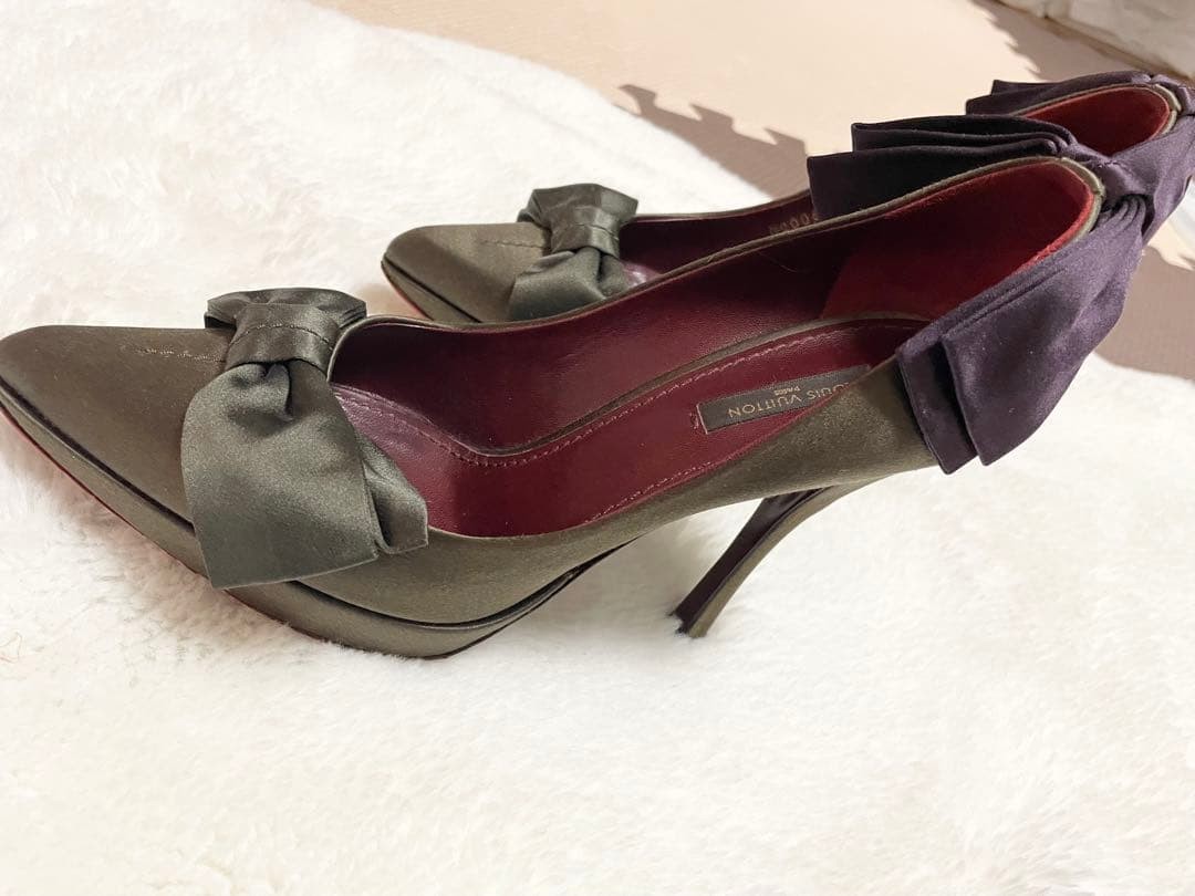 LOUIS VUITTON Pumps Heel Ribbon Satin Olive Green EU38/US8 115942c thumbnail 4