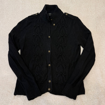 Talbot's Haberdashery black cable knit cardigan gold buttons women's size large