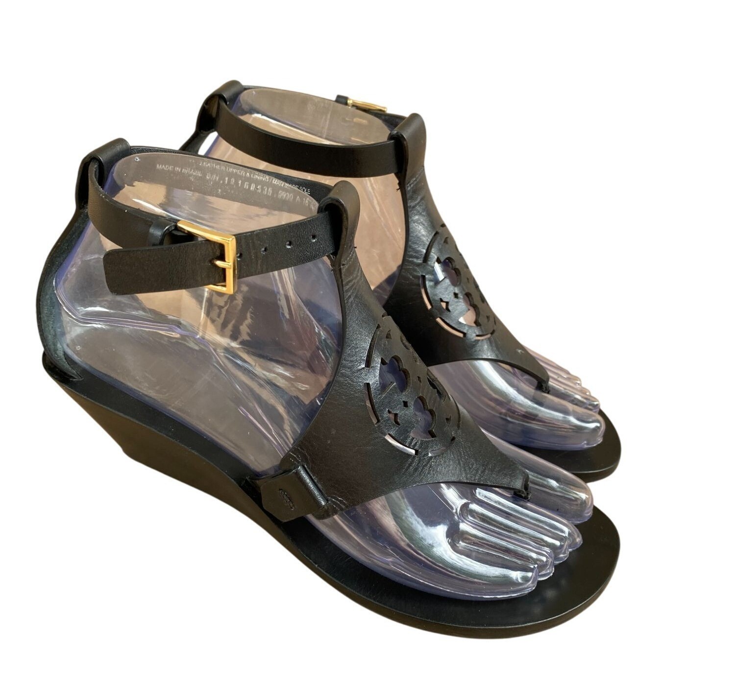 Tory Burch Black Zoey Wedge Sandals Size 6 Leather Ankle Strap Quiet Luxury thumbnail 3