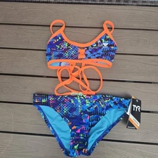 TYR Womens  Durafast Machu Crosscutfit Tieback Blue Workout Bikini Size M New