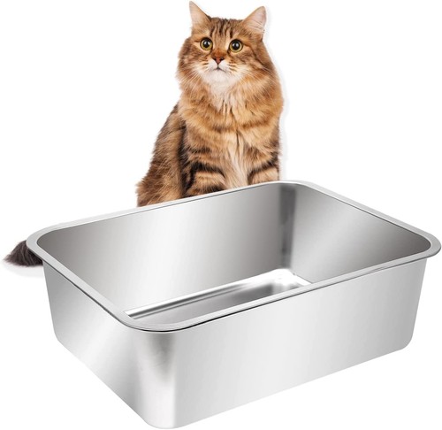 Large Stainless Steel Cat Litter Box with High Sides, Metal Litter Pan for Bi...
