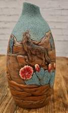 Southwestern Original 3d Art on Vase WOLF Flowers Cactus Rocks STUNNING!