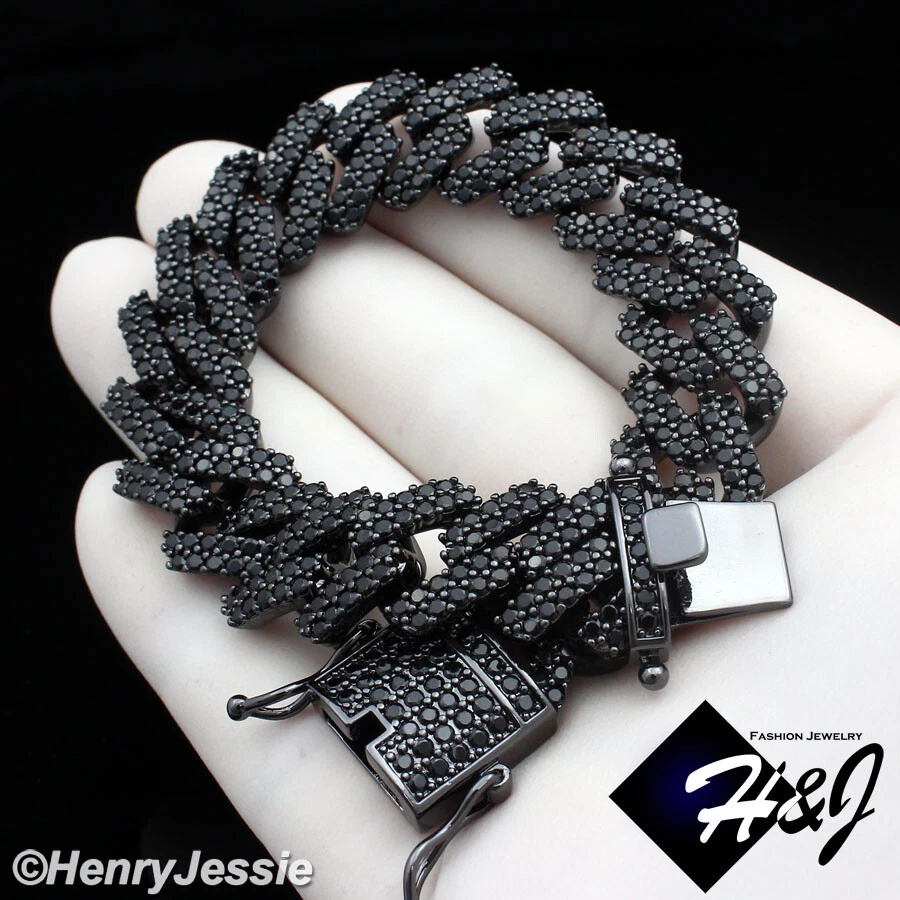 16-30"MEN 14K BLACK GOLD PLATED ICY BLACK CZ 14MM MIAMI CUBAN CURB NECKLACE*BBN6 - Image 4 of 4